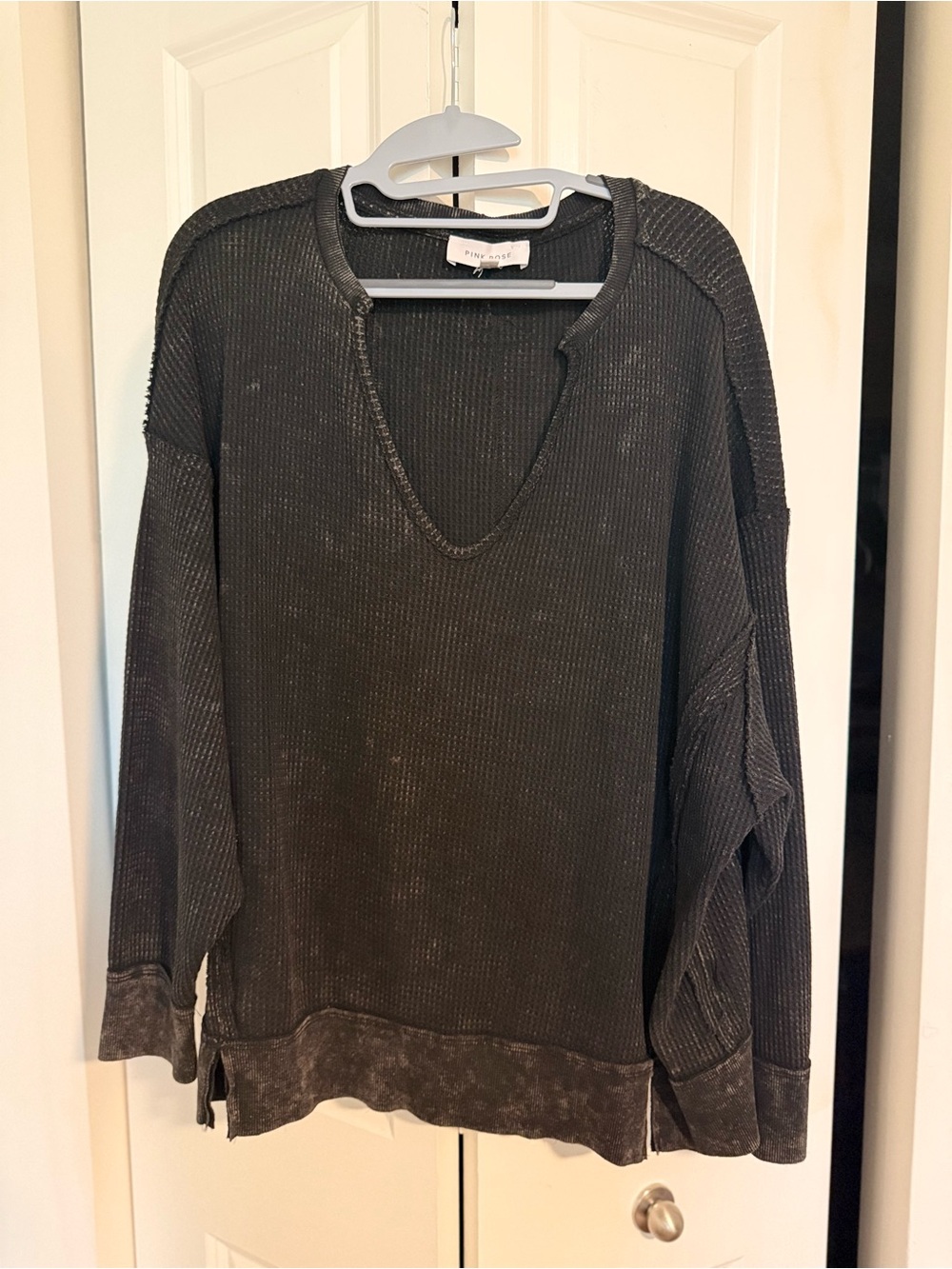 Pink rose Black Washed Thermal V-Neck Pullover